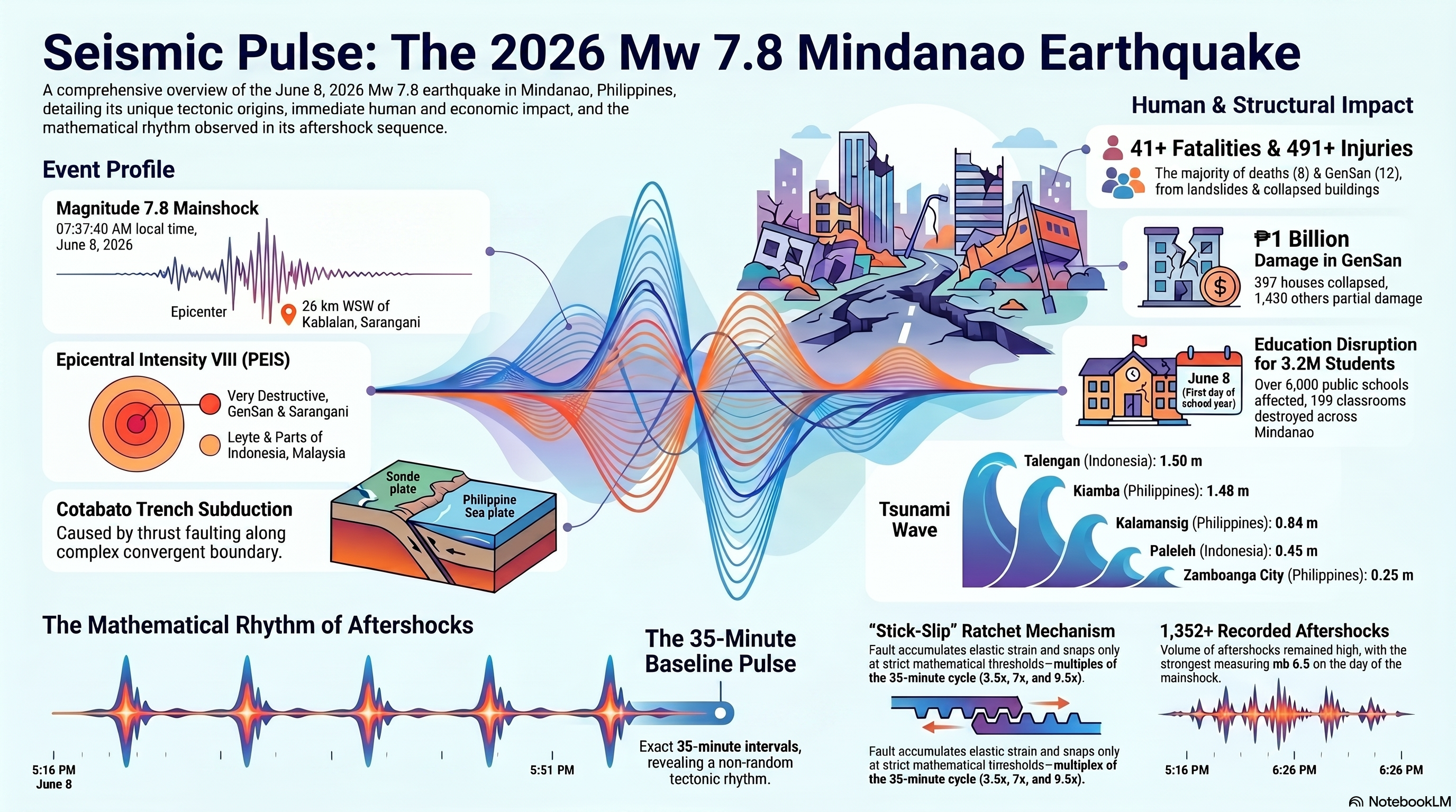 Seismic Pulse infographic: 2026 Mw 7.8 Mindanao earthquake event profile, Cotabato Trench subduction origin, mathematical rhythm of aftershocks, and structural impact summary